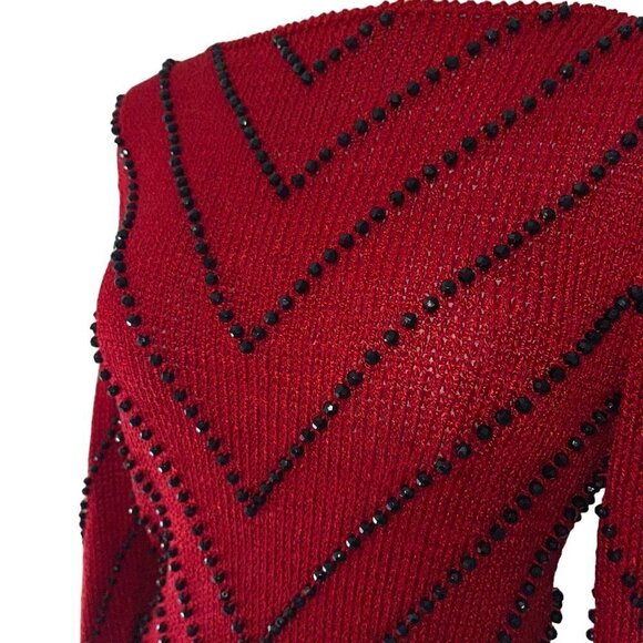 Vintage Womens Sweater Size Small Red Knit Jeweled Puff Shoulder Boat Neck - Picture 3 of 10